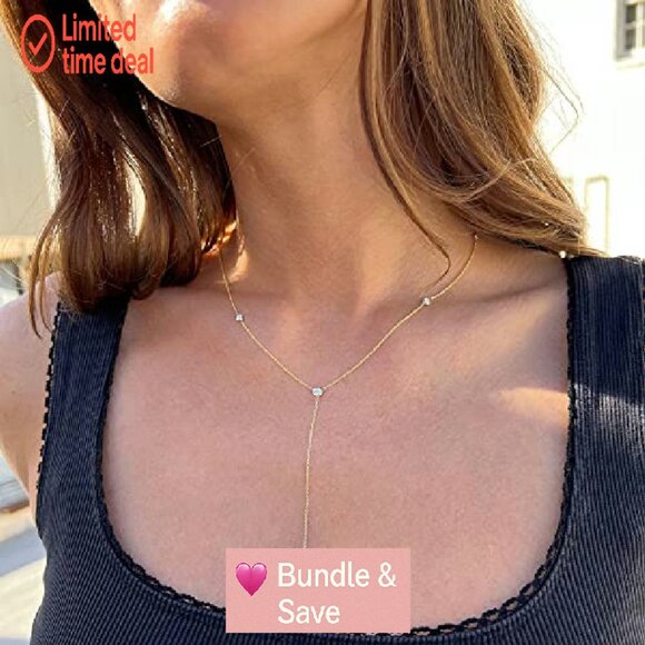 14k Gold Plated Lariat Necklace, 18.5" Length, Hypoallergenic, Gift - Picture 4 of 8